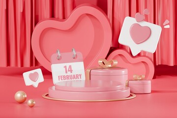 3D red or pink cylinder pedestal podium with Abstract minimal valentine concept. Valentine minimal scene for products showcase, Promotion display. Abstract studio room platform geometry. 3d rendering.