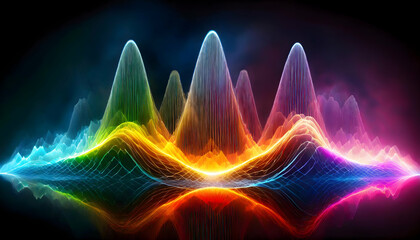 Illustrate the beauty of radio frequency waves as they propagate through the air, emphasizing their waveforms and the spectrum of colors they may represent.