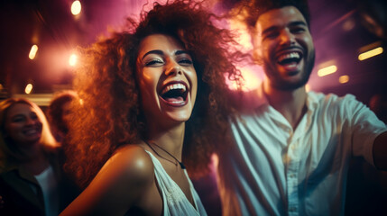 Naklejka premium young couple dancing and having fun in a night club - night life and partying concept