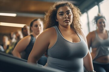 Young fat woman in fitness center. Body positive concept.