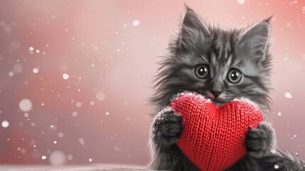 A gray and black fluffy cat holds a red knitted heart in its paws, creating a charming Valentine's Day postcard scene