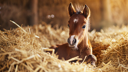 Little foal having a rest in the haystack in horse stable concept of education of animal care  - obrazy, fototapety, plakaty