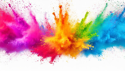 Multicolor powder explosion on White background. Colored cloud. Colorful dust explode. Paint Holi, colorful rainbow holi paint color powder explosion isolated white background