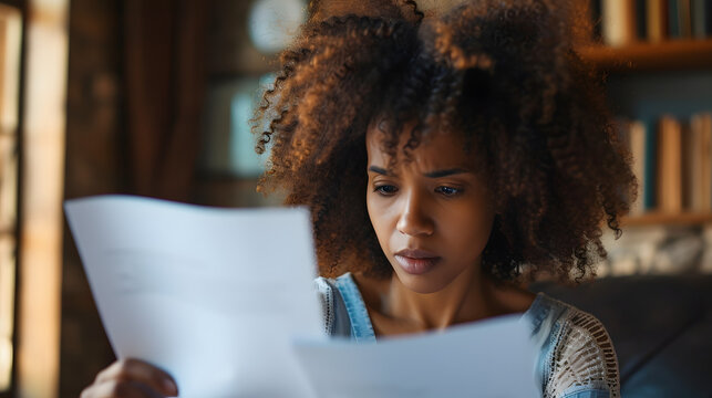 Une belle jeune femme afro, d&eacute;sesp&eacute;r&eacute;e, allong&eacute;e par terre entour&eacute;e de nombreuses factures