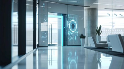 A modern office door with a retina scanner, symbolizing the high-tech and secure biometric...