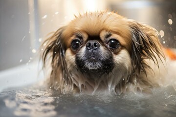 adorable pekingese wet in bath with suds. pet cleanliness. Generative AI - obrazy, fototapety, plakaty
