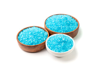 Blue Salt Crystals in Bowl Isolated, Bath Salt for Spa Relax, Cupric Sulfate or Copper Sulfate, Swimming Pool