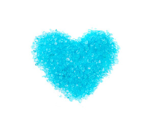 Blue Salt Crystals Heart Isolated, Love Symbol, Bath Salt for Spa Relax, Cupric Sulfate or Copper Sulfate