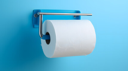 A white roll of soft toilet paper neatly hanging on a modern chrome holder on a light blue bathroom wall. Neural network AI generated art