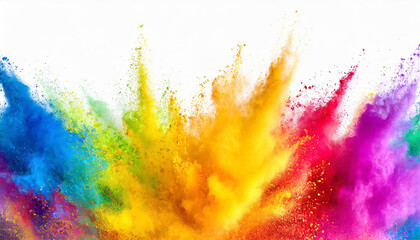 Multicolor powder explosion on White background. Colored cloud. Colorful dust explode. Paint Holi, colorful rainbow holi paint color powder explosion isolated white background - obrazy, fototapety, plakaty