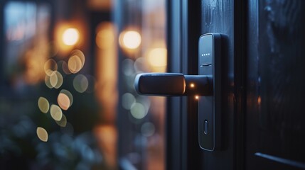 A smart door lock with a fingerprint sensor, illustrating the seamless integration of biometric authentication for enhanced home security. - obrazy, fototapety, plakaty