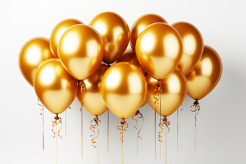 Gold colored balloons on white background. Party celebration New Year birthday, holiday, wedding ,concept Realistic clipart template pattern.