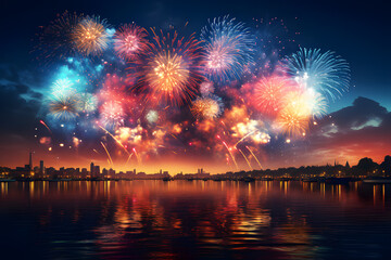 Fototapeta na wymiar Abstract colored firework background with free space for text. Light fireworks Riverside in new year night celebration party at city festival hotel Beautiful colors. Realistic clipart template pattern