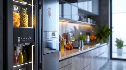 A smart refrigerator with a palm print scanner on the door, highlighting the innovative use of biometric authentication for securing home appliances. - obrazy, fototapety, plakaty