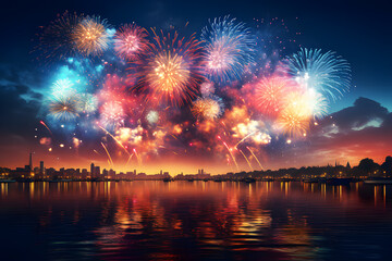 Light fireworks Riverside in new year night celebration party at city festival hotel Beautiful colors. Abstract colored firework background with free space for text. Realistic clipart template pattern