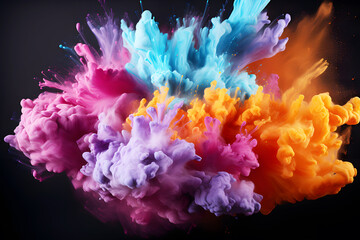 Explosion of colored powder yellow, pink, orange, white, blue, purple spread throughout area on black background. work of art. Realistic clipart template pattern. Background Abstract Textured.	