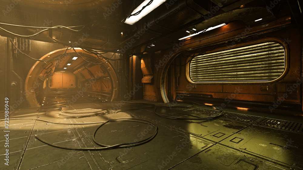 Aufkleber Dark moody futuristic underground cyberpunk tunnel environment with cables lying on the ground. 3D rendering.