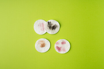 Dirty Cotton Pads, Makeup Removal, Used Cotton Disks after Makeup Cleansing, Removing Make Up