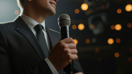 Person in suit hold microphone close up. Professional business coach talking at seminar. Speaker leading the event. Man host gives a presentation at hall. Businessman conference. Audio mic closeup.