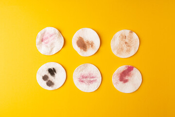Dirty Cotton Pads, Makeup Removal, Used Cotton Disks after Makeup Cleansing, Removing Make Up
