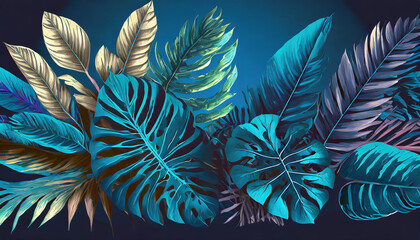 collection of tropical leaves foliage plant in blue color with space background