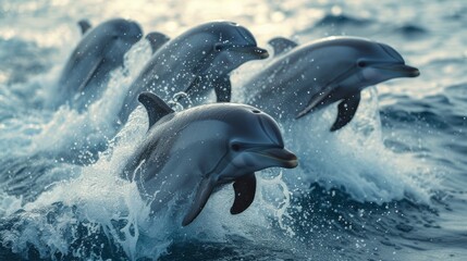 Obraz premium Graceful Dolphins Jumping: Energetic shot capturing dolphins leaping gracefully out of the water, evoking a sense of freedom.