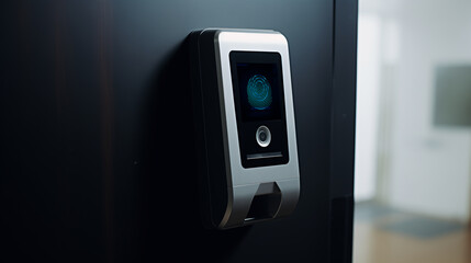 wall-mounted fingerprint or biometric authentication machine in the office, cyber security biometric verification concept, modern technology - obrazy, fototapety, plakaty