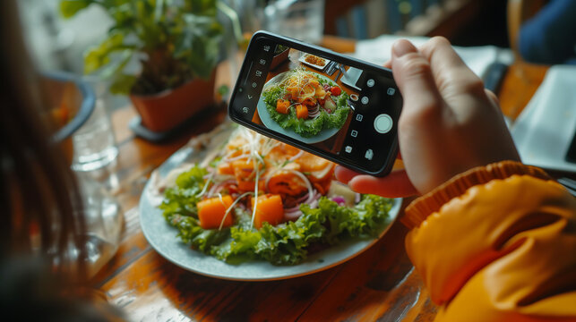 food content creator taking a picture, delicious salad plate at a restaurant table, featuring gourmet ingredients like vegetables, fish, cheese, and seafood