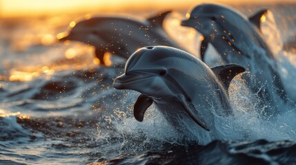 Obraz premium Graceful Dolphins Jumping: Energetic shot capturing dolphins leaping gracefully out of the water, evoking a sense of freedom.