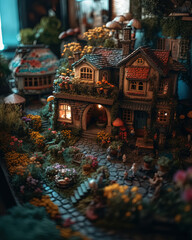 Picturesque toy small house adorned with an abundance of vibrant flowers, creating a captivating scene of natural beauty.