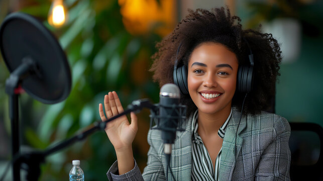 Smiling businesswoman recording on a laptop in a boardcasting room