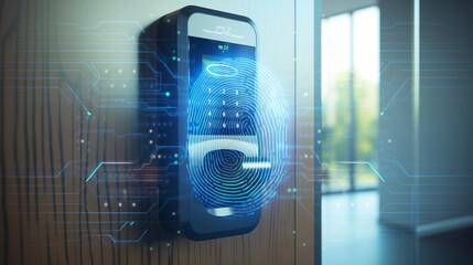 wall-mounted fingerprint or biometric authentication machine in the office, cyber security biometric verification concept, modern technology