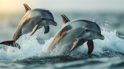 Graceful Dolphins Jumping: Energetic shot capturing dolphins leaping gracefully out of the water, evoking a sense of freedom.