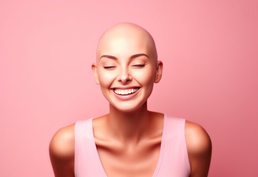 A smiling young woman with a shaved head, bald woman with cancer, on pink background.