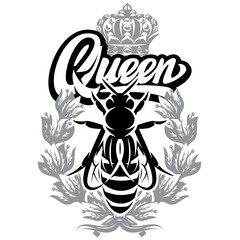 Queen Bee with wreath and crown. Vintage vector template for design