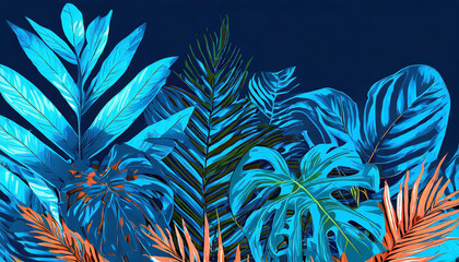 Collection of tropical leaves, foliage plant in blue color with space background