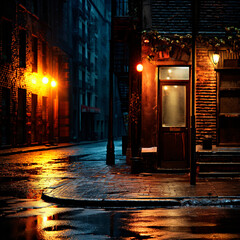 Rainy Nightfall, Cobblestone Streets Bathed in Warm Lamp Light