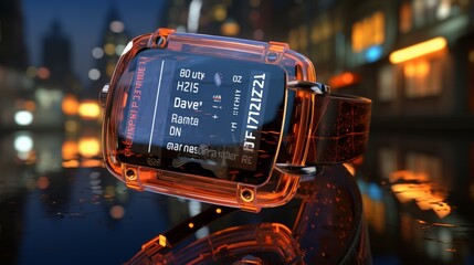A smartwatch screen showcasing a text message (SMS) authentication notification against a backdrop of a vibrant cityscape at night.