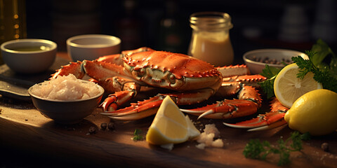Boiled crab claws with sauce and lemon. rustic style. luxury seafood delicacies - obrazy, fototapety, plakaty