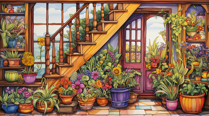 Fototapeta na wymiar Verdant Abode: A Whimsical House Bursting With Lush Potted Plants