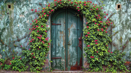 Fototapeta na wymiar Arched Doorway with Climbing Roses