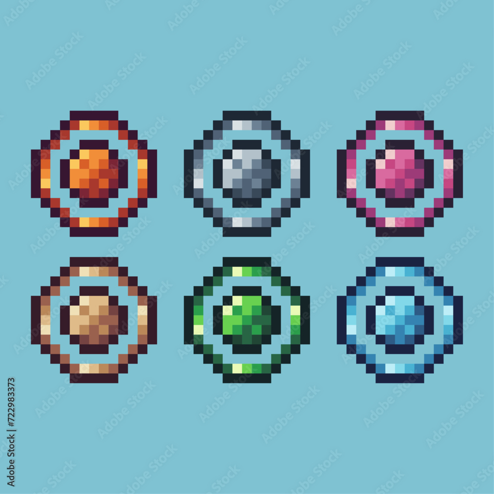 Poster pixel art sets icon of circle variation color. circle icon on pixelated style. 8bits perfect for gam
