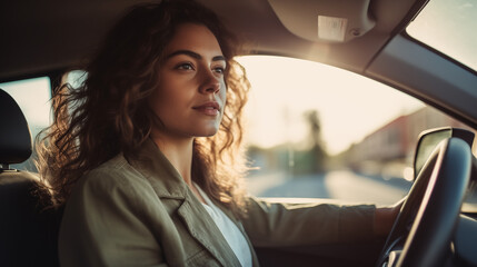 Portrait of a Woman Focused on Driving During Sunset