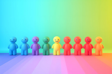 3D avatars of colourful people standing, diverse group, rainbow color illustration render, inclusion and friendship
