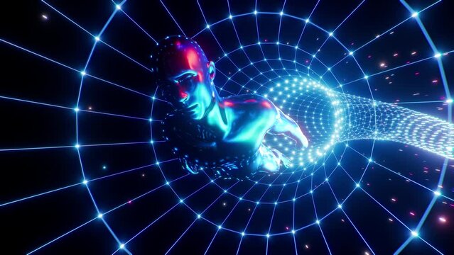 Metallic human flying through abstract hyperspace tunnel. Looped animation.
