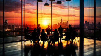 Silhouette of Corporate Team Engaged in a Boardroom Meeting Against the Backdrop of a Striking Sunset View Through Floor-to-Ceiling Windows.