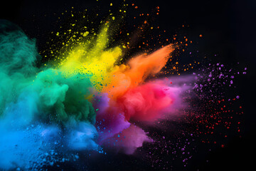 Colourful rainbow holi paint powder explosion, color splash on black background