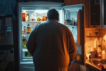Back view of overweight man standing in front of opened refrigerator at night . Overweight. Overeating Concept. Obesity Concept with Copy Space. - obrazy, fototapety, plakaty