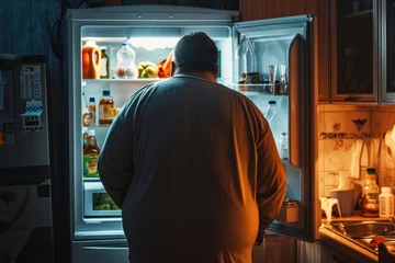 Fotobehang Back view of overweight man standing in front of opened refrigerator at night . Overweight. Overeating Concept. Obesity Concept with Copy Space. © John Martin