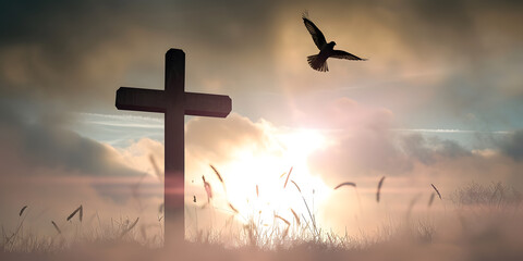 Silhouette of Christian Cross and a flying bird with sunrise sky background. Resurrection concept - obrazy, fototapety, plakaty